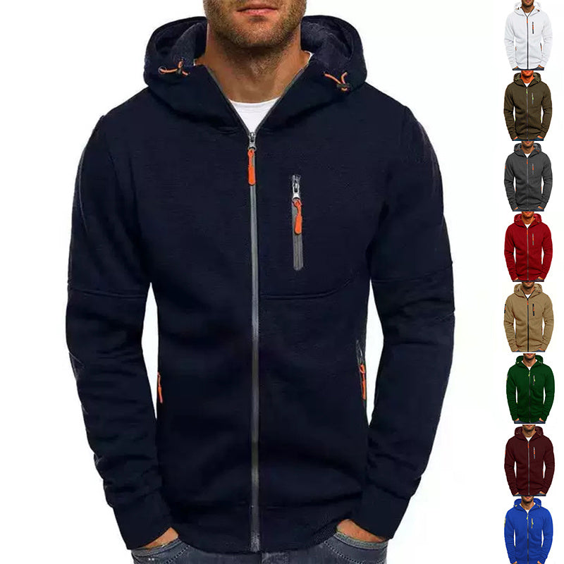 Men's Zip-Up Hooded Sweater - Solid Color Cardigan