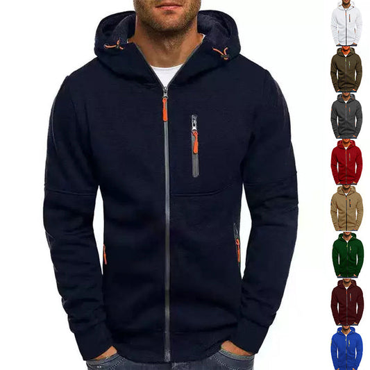 Men's Zip-Up Hooded Sweater - Solid Color Cardigan