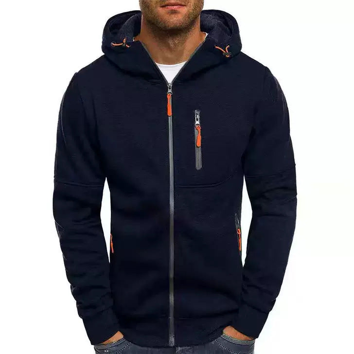Men's Zip-Up Hooded Sweater - Solid Color Cardigan
