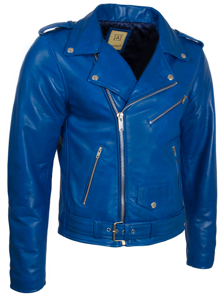 Blue leather jacket with silver zippers on a white background right view