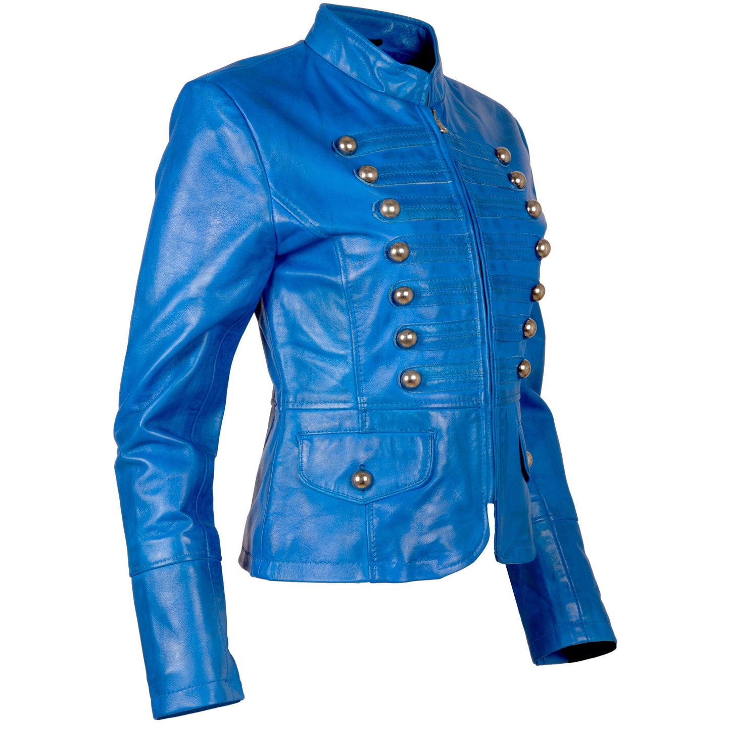 Women's Electric Blue Military Parade Leather Jacket