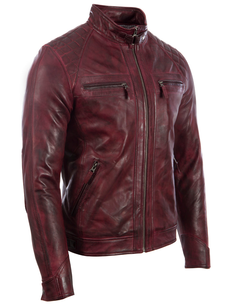 Men's Burgundy Brown Sheepskin Leather Biker Jacket