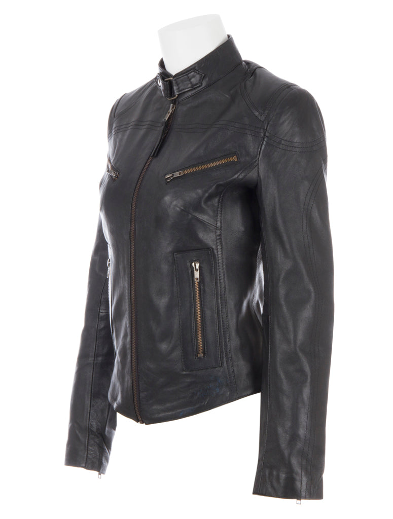 Black leather jacket on a mannequin against a white background left view