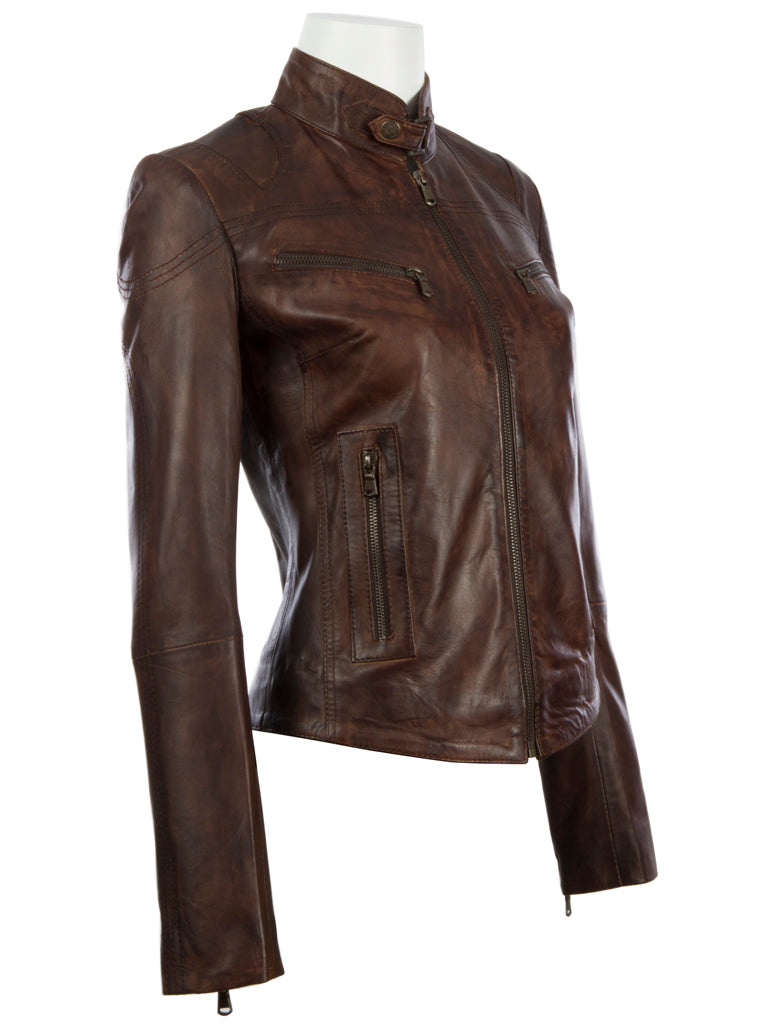Brown leather jacket on a mannequin against a white background