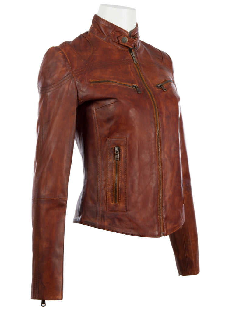 Brown leather jacket on a mannequin against a white background right view
