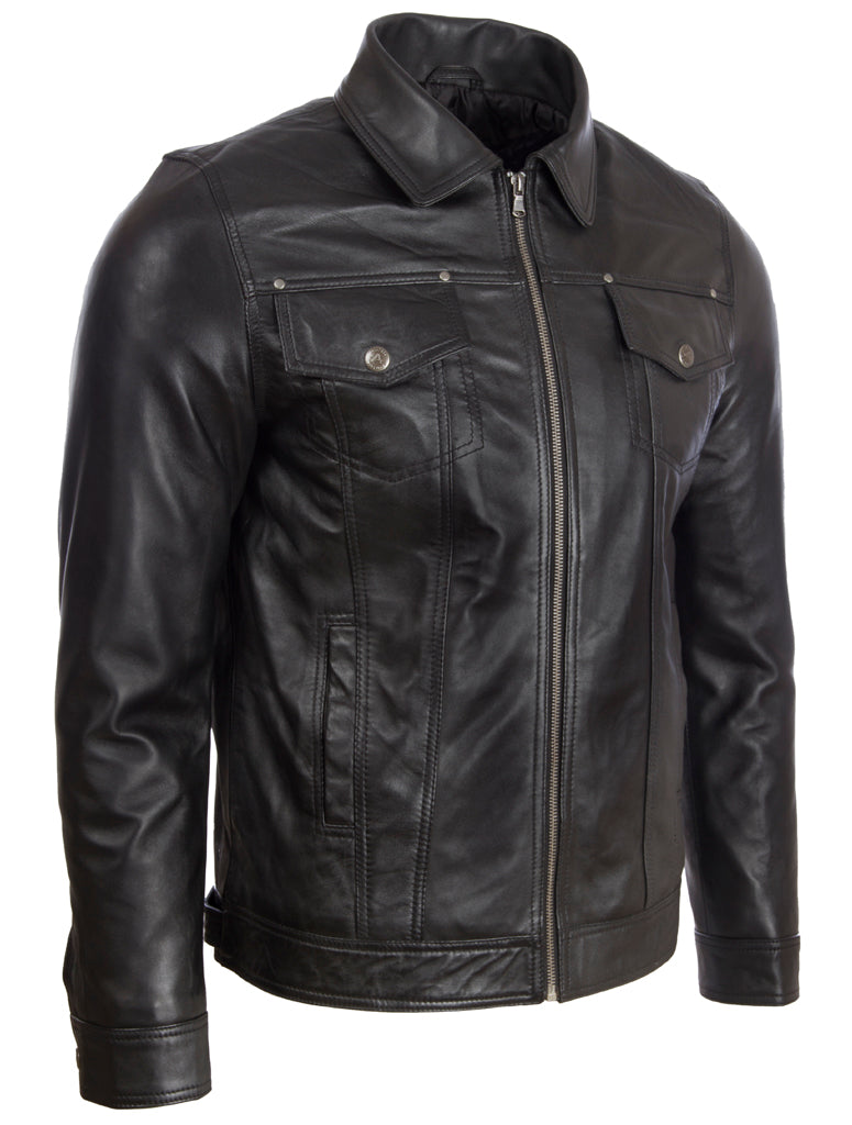 Black leather jacket on a white background