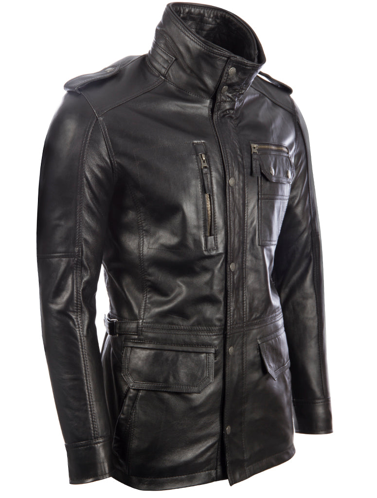 Black leather jacket with multiple pockets on a white background