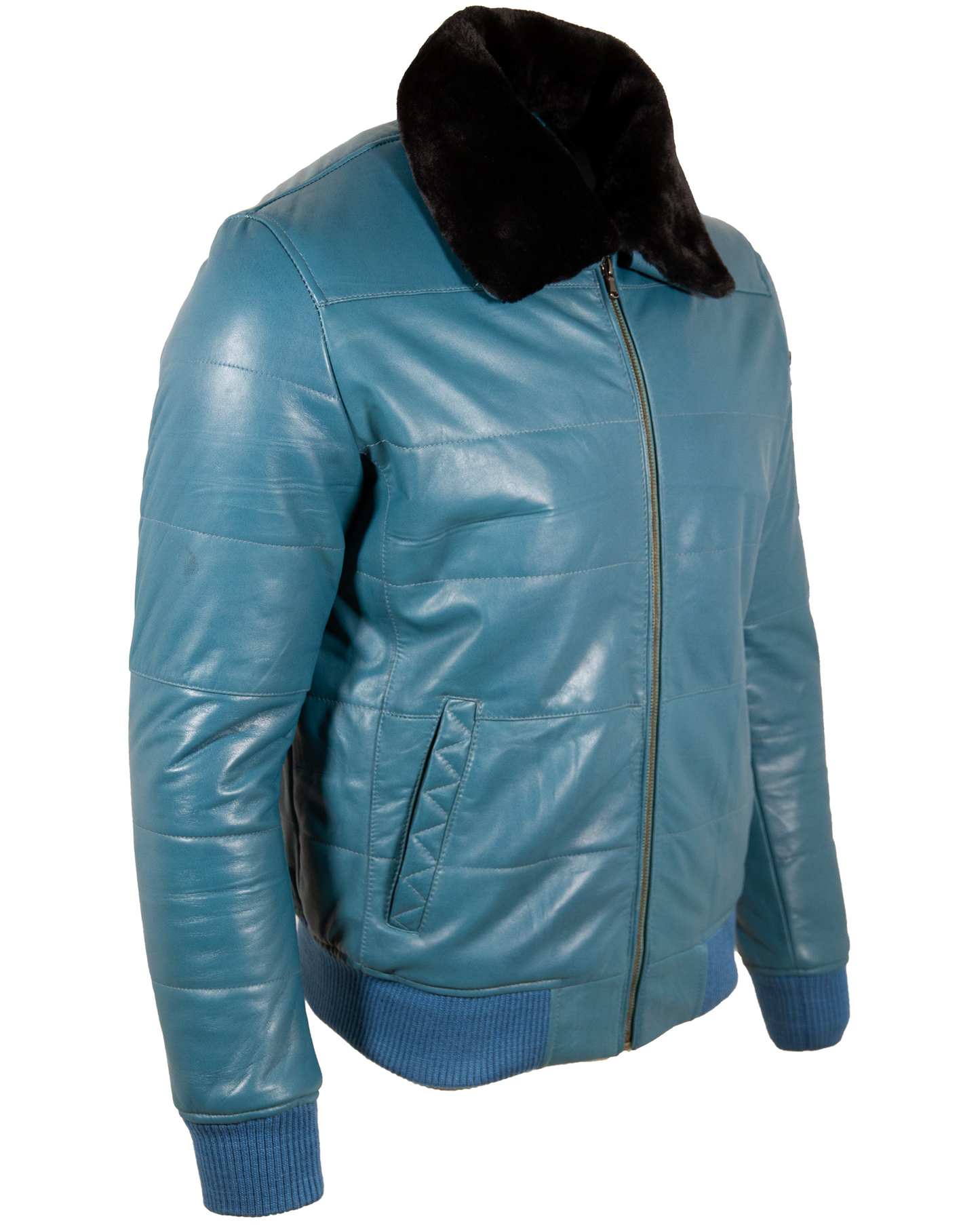 Blue leather jacket with black fur lining on a white background right view