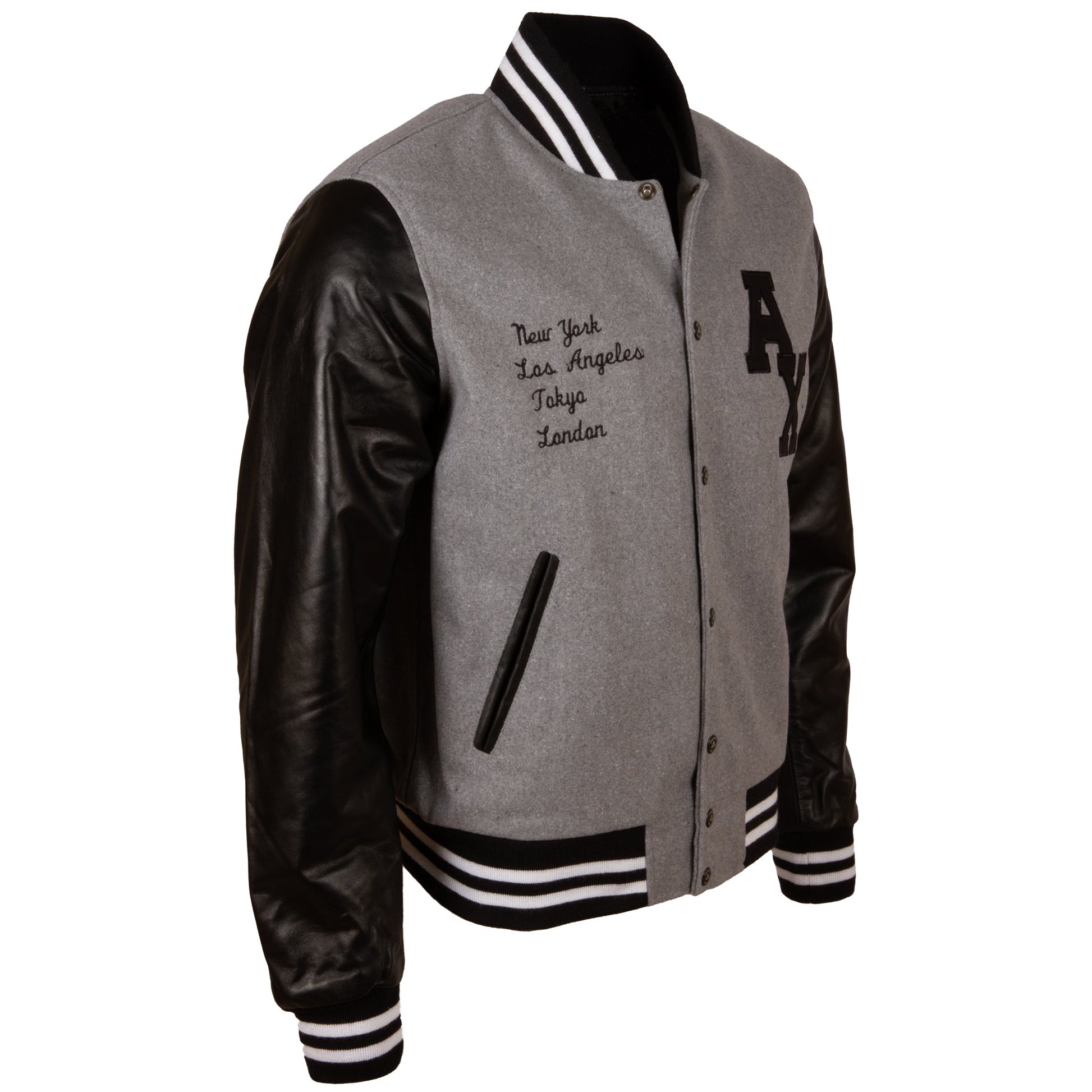 Gray varsity jacket with black leather sleeves and lettering on a white background