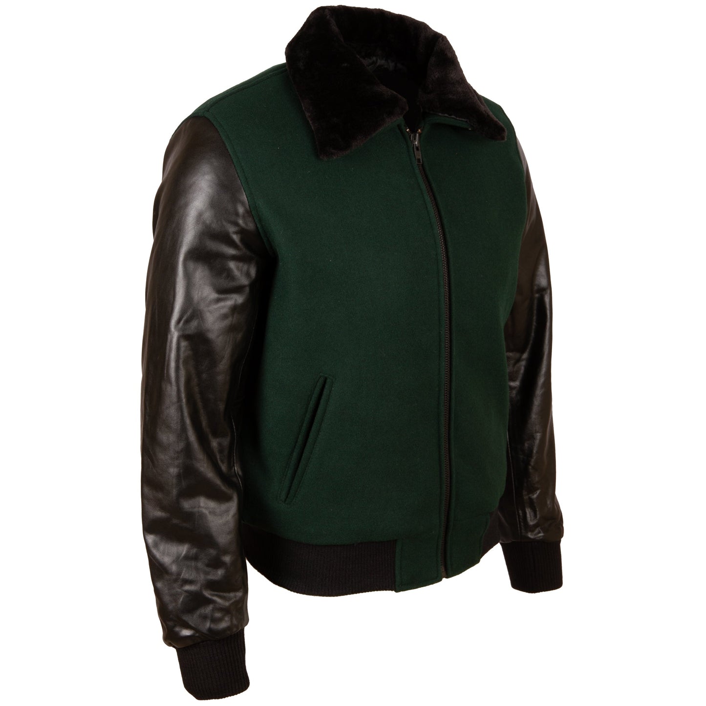 Men's Black Varsity Bomber Jacket - Leather & Wool