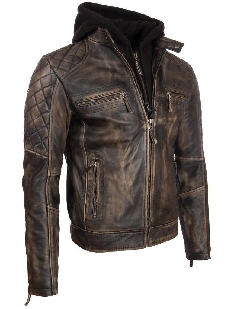 Men's Black Hooded Biker Jacket - Nappa Leather