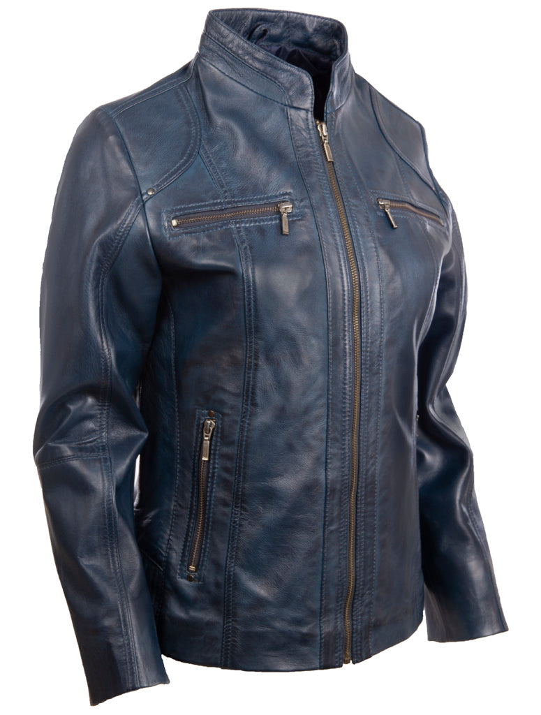 Blue leather jacket with zippers on a white background