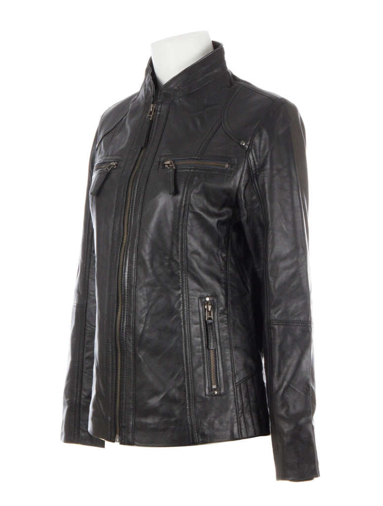 Black leather jacket on a mannequin against a white background