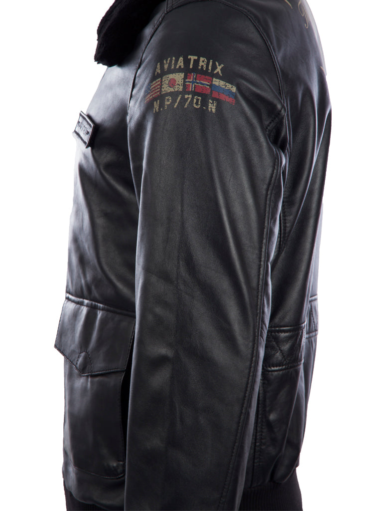 Black leather jacket with branding on the back against a white background