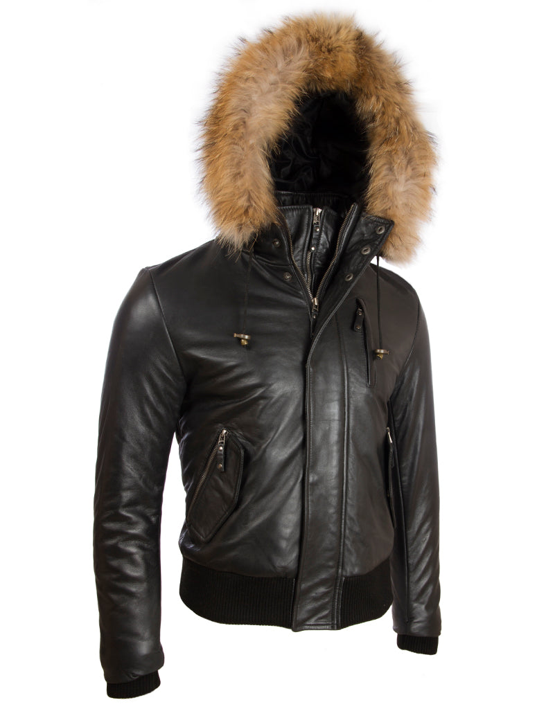 Men's Black Leather Bomber Jacket - Fur Hood