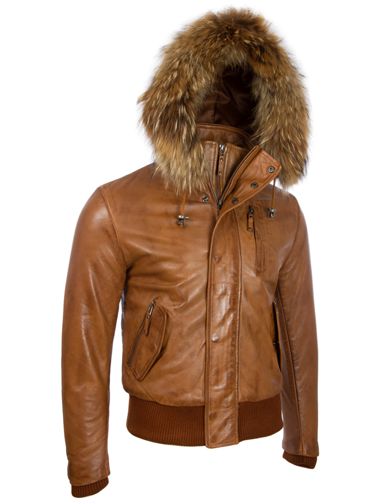 Brown leather jacket with fur hood on a white background
