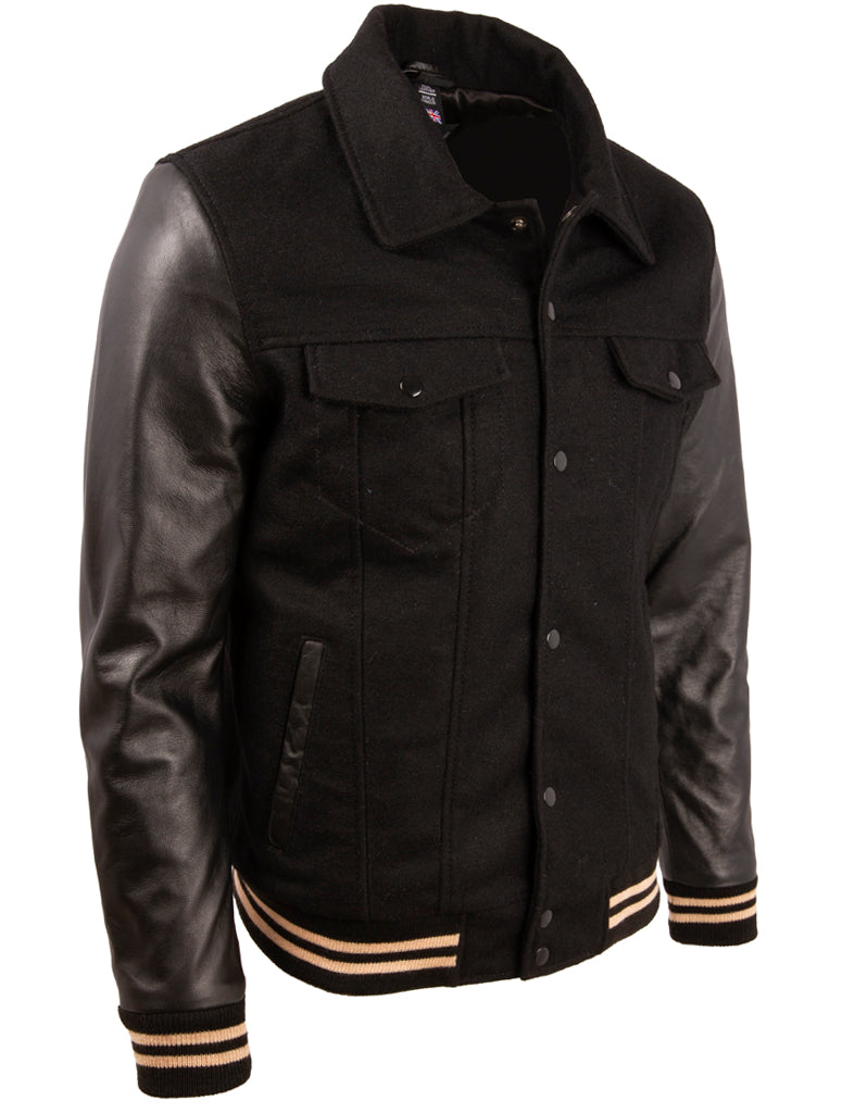 Black jacket with leather sleeves on a white background