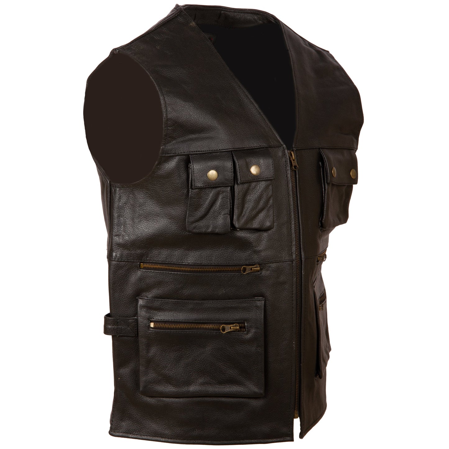 Men's Black Leather Multi-Pocket Hunting Vest
