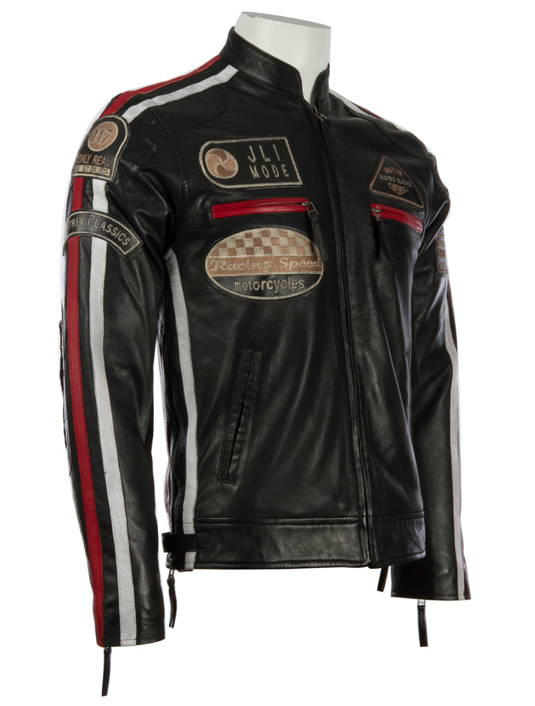Black leather jacket with patches on a white background right view