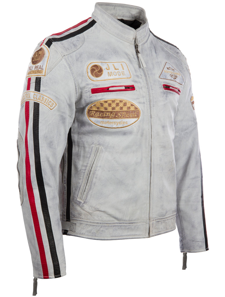 Light gray jacket with racing-themed patches and stripes on a white background