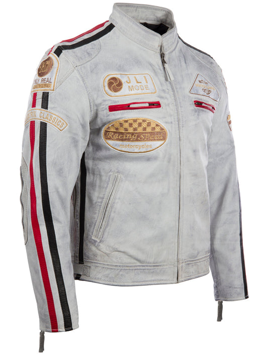 Light gray jacket with racing-themed patches and stripes on a white background