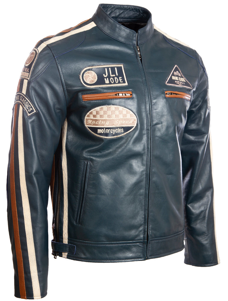 Blue leather jacket with patches and stripes on a white background