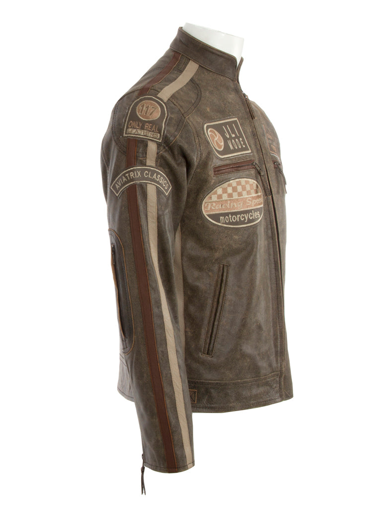 Brown leather jacket with various patches on a white background