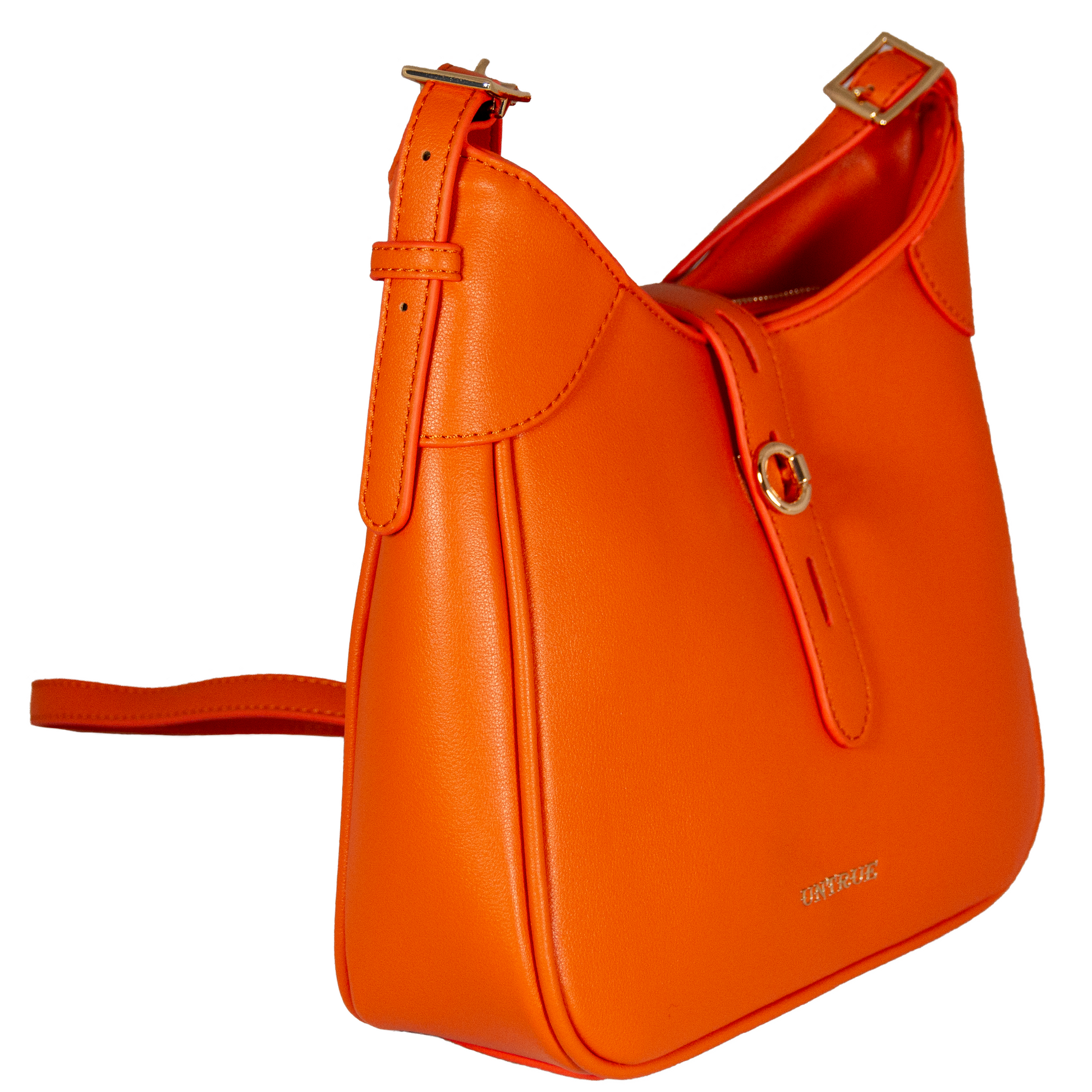 Orange handbag with gold accents on a white background