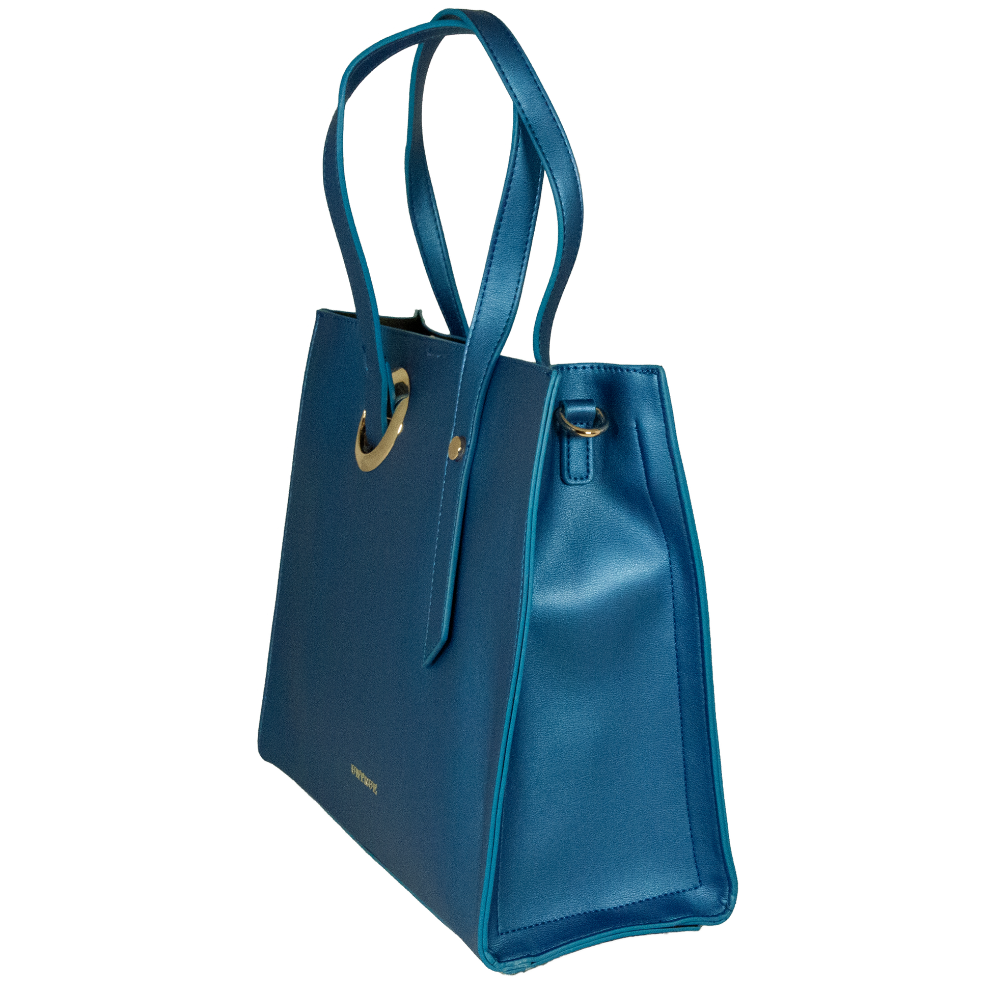 Blue handbag with gold accents on a white background