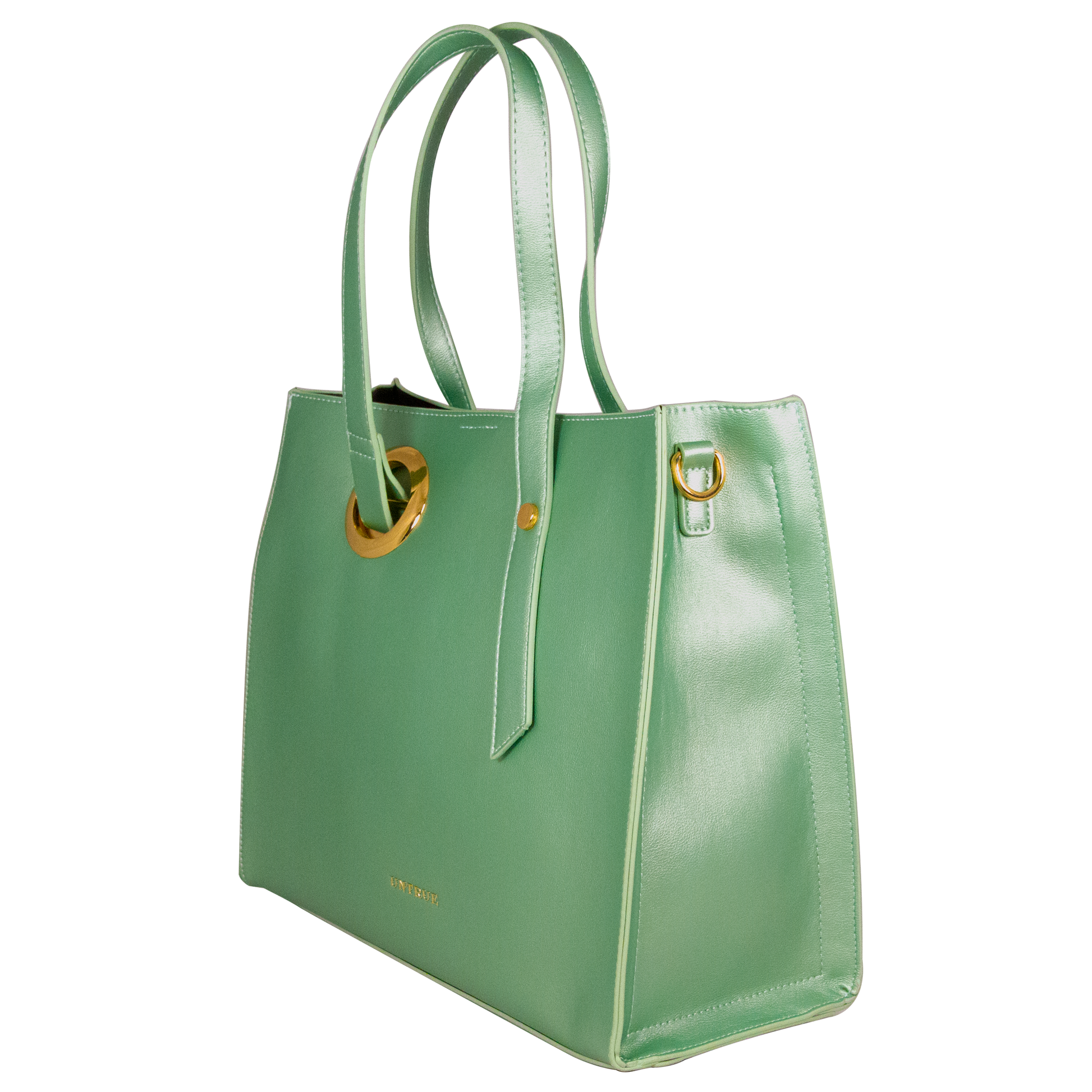 Green handbag with gold accents on a white background