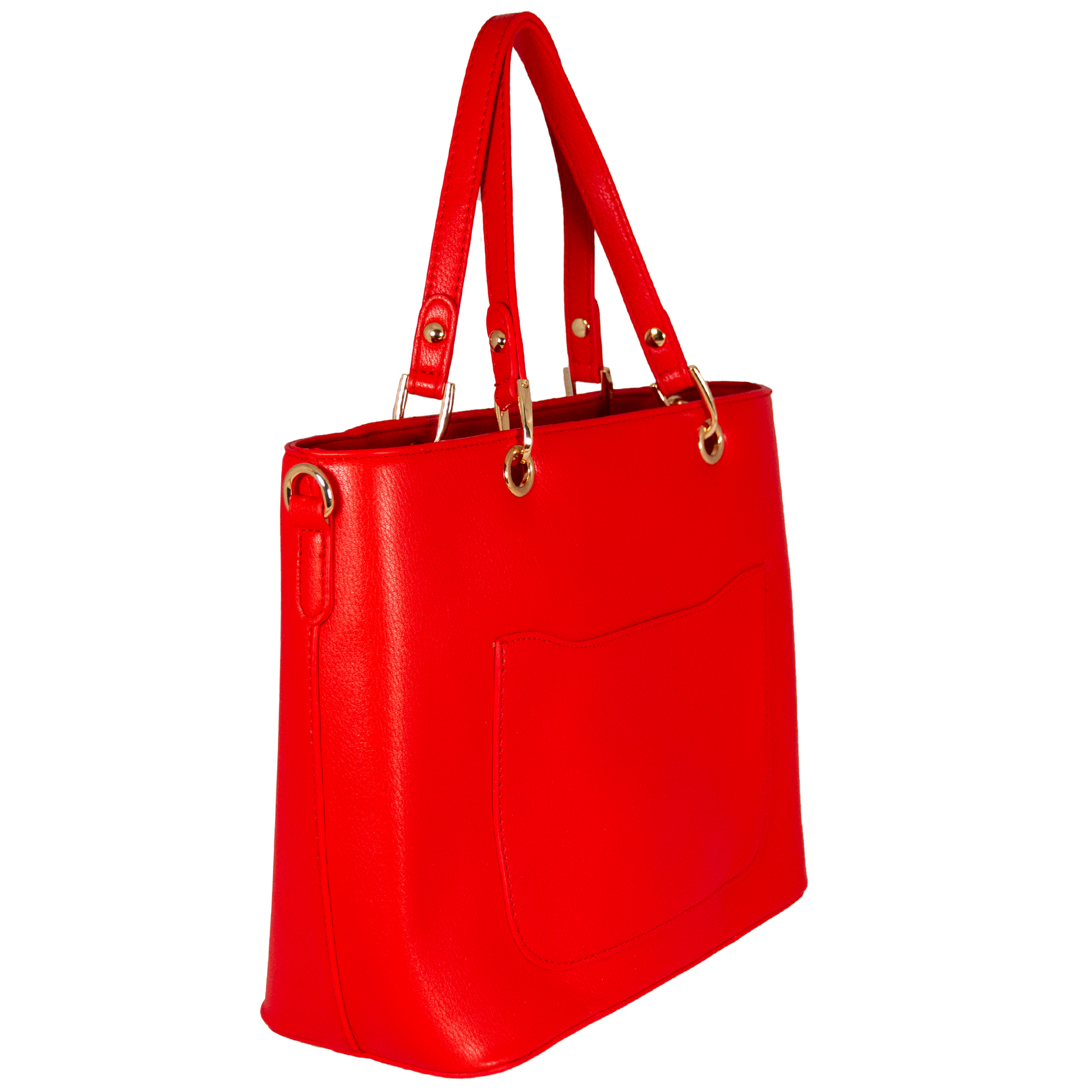 Red handbag with gold accents on a white background