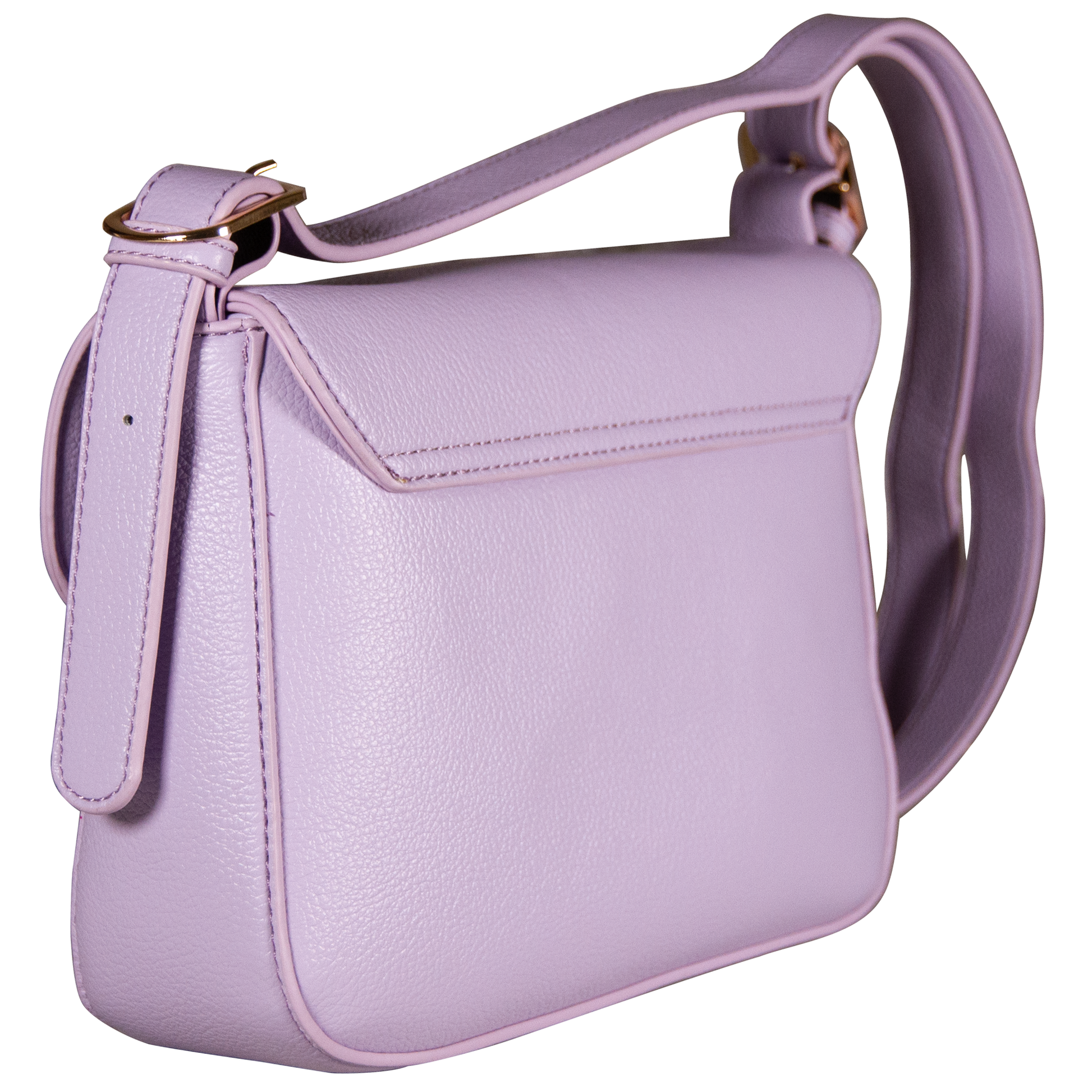Purple handbag with a strap on a white background