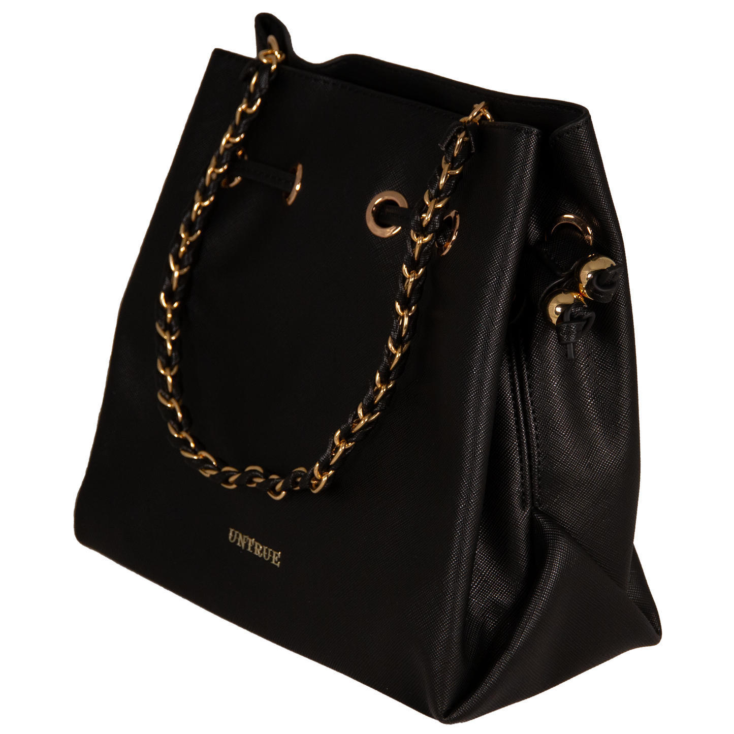 Black handbag with gold chain handle on a white background