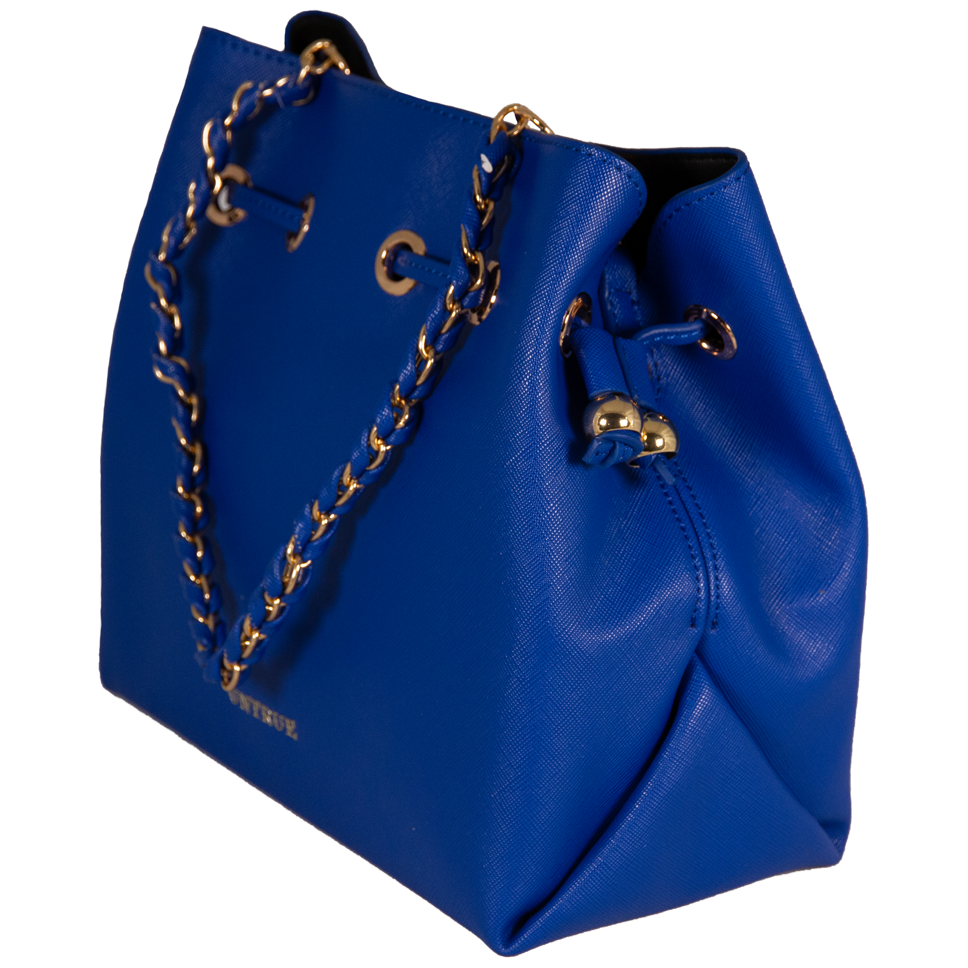 Blue handbag with gold chain detail on a white background