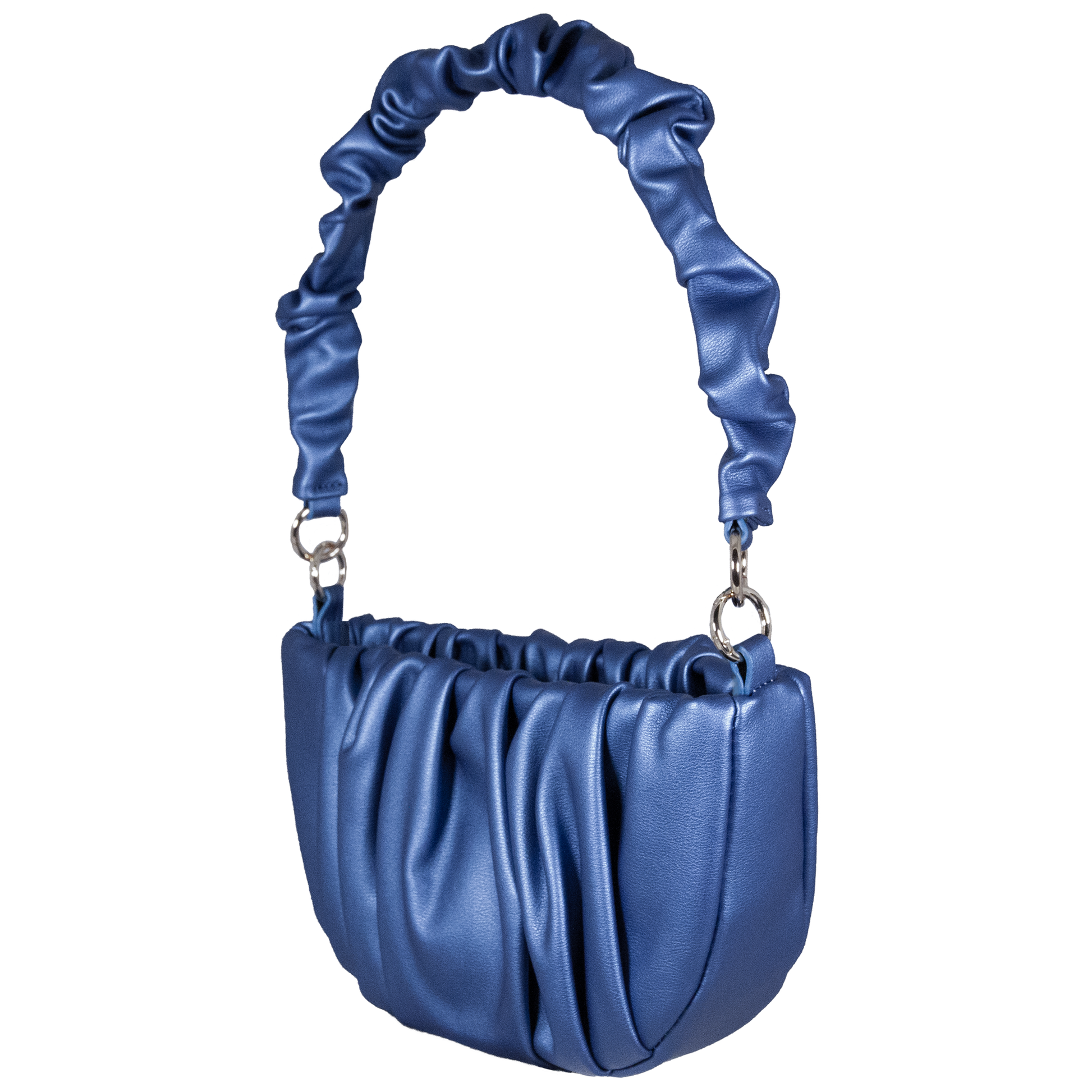 Blue handbag with ruched handle on a white background