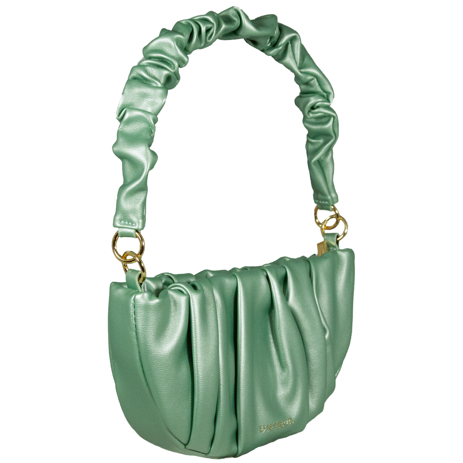 Green satin handbag with ruched handle on a white background