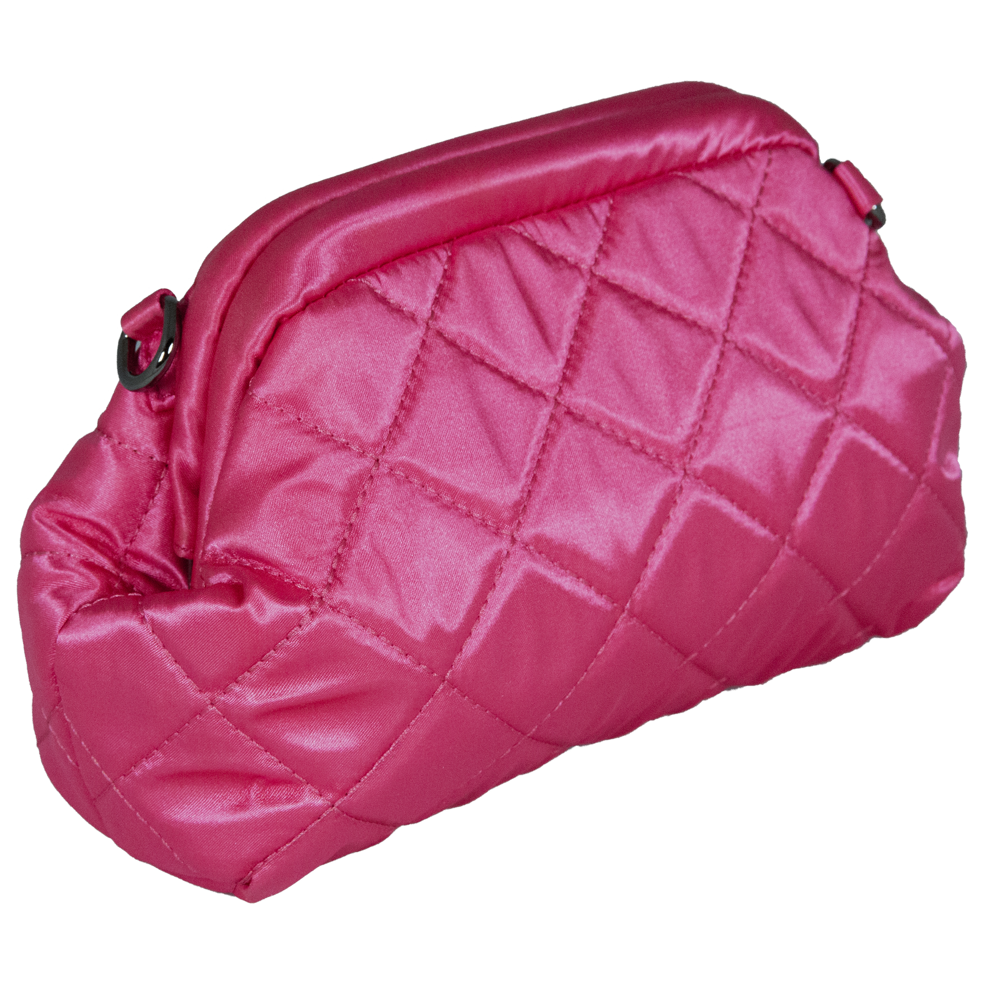 Pink quilted handbag on a white background