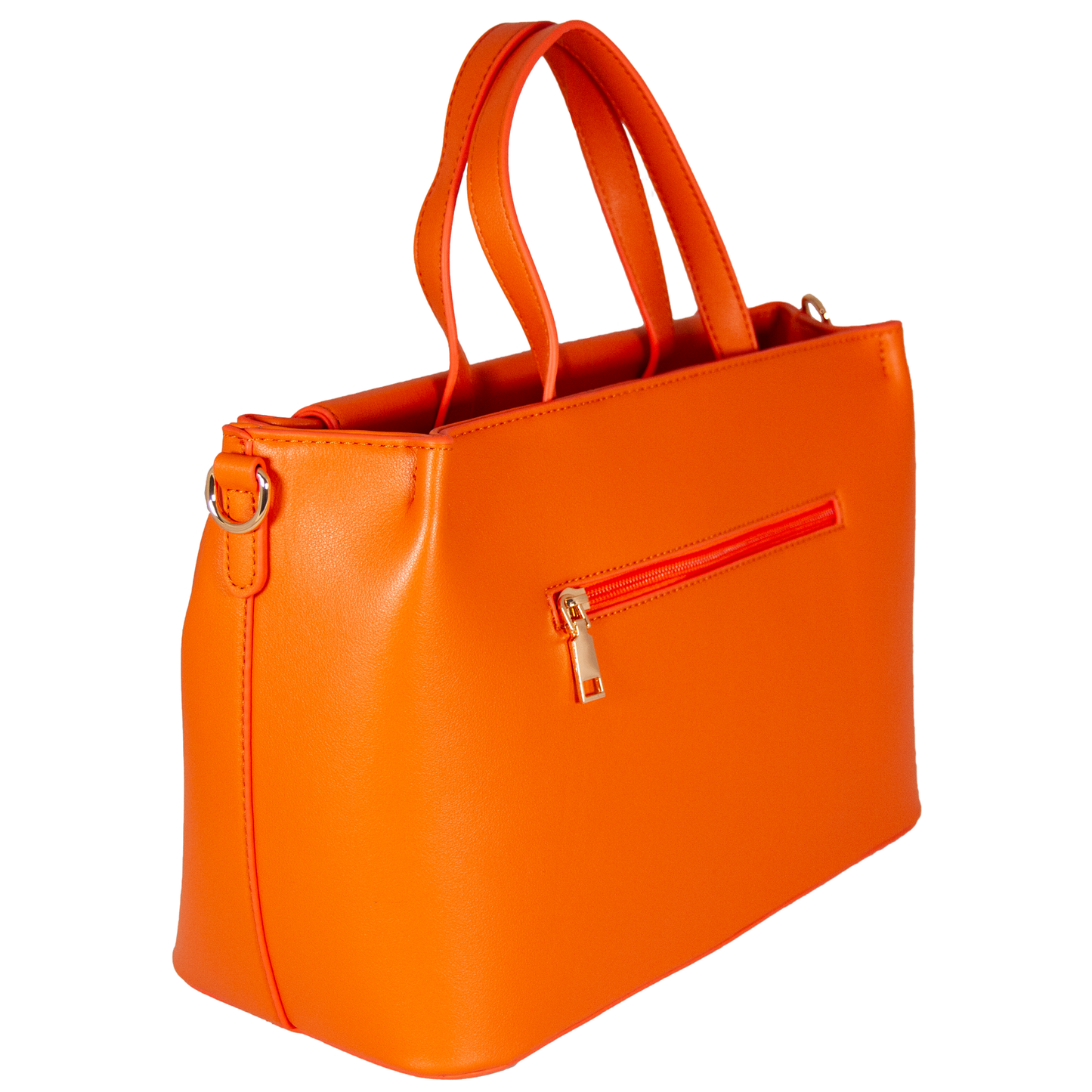 Orange handbag with a gold zipper on a white background right view