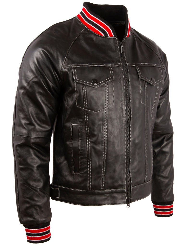 Men's Black Leather Trucker Jacket - Varsity Style