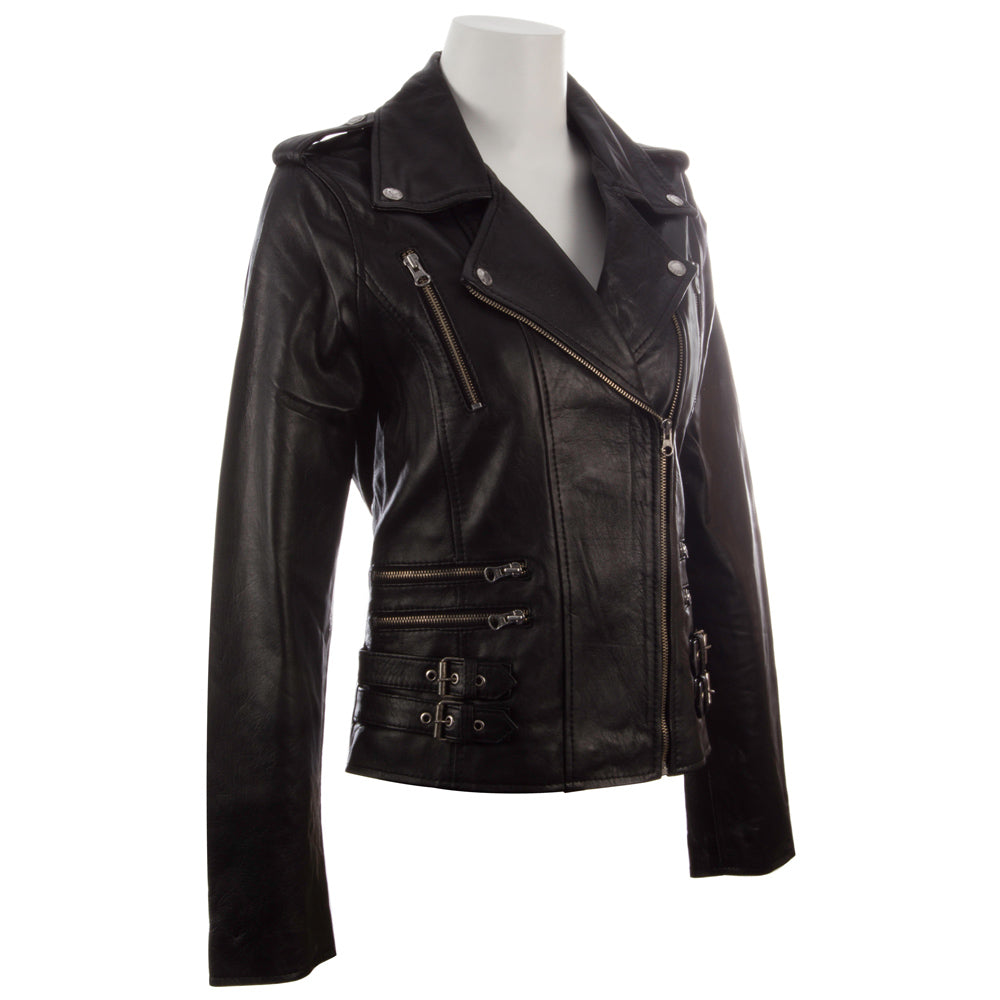 Black leather jacket on a mannequin against a white background right view