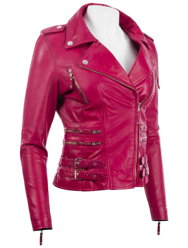 Pink leather jacket on a mannequin against a white background