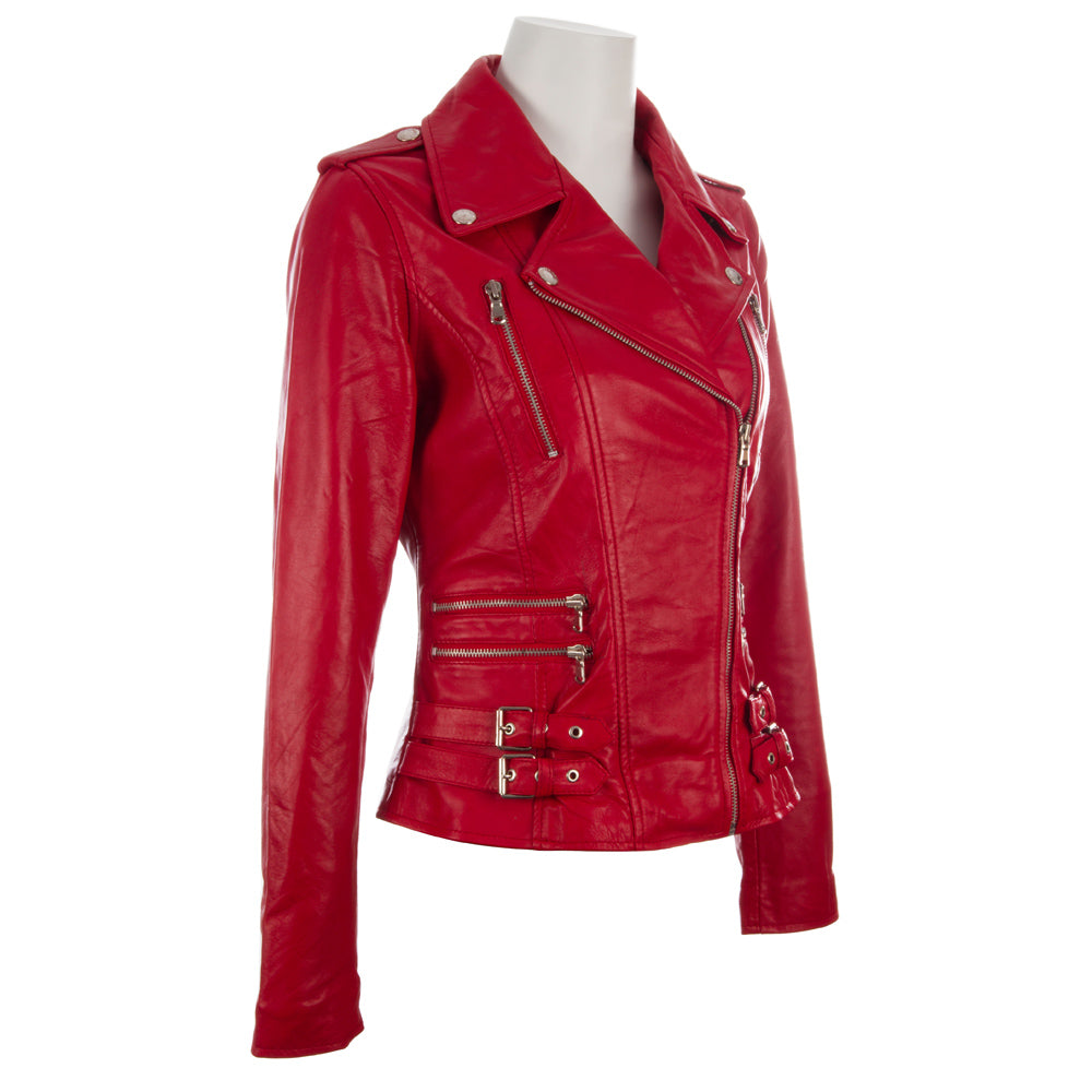 Red leather jacket on a mannequin against a white background