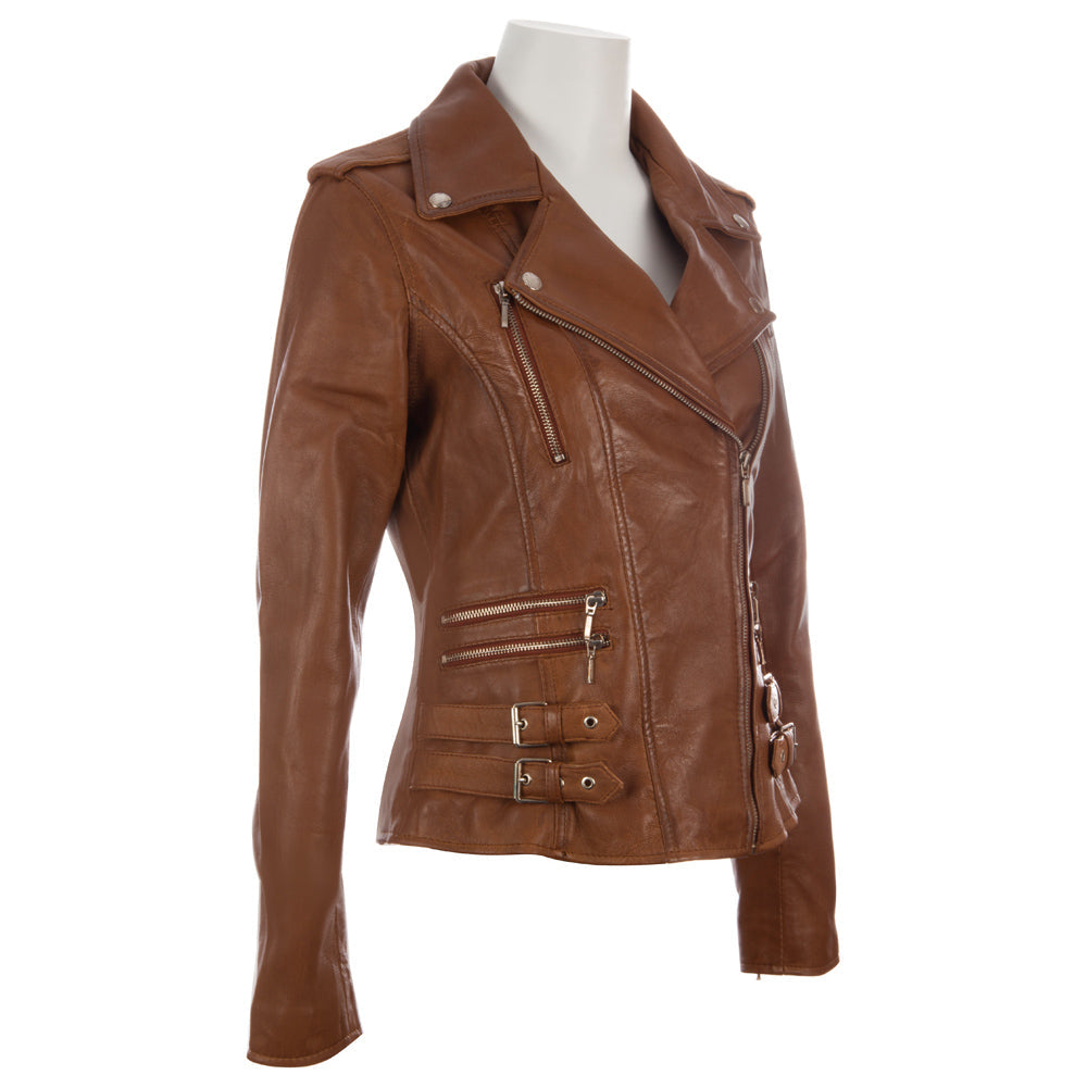 Brown leather jacket on a mannequin against a white background