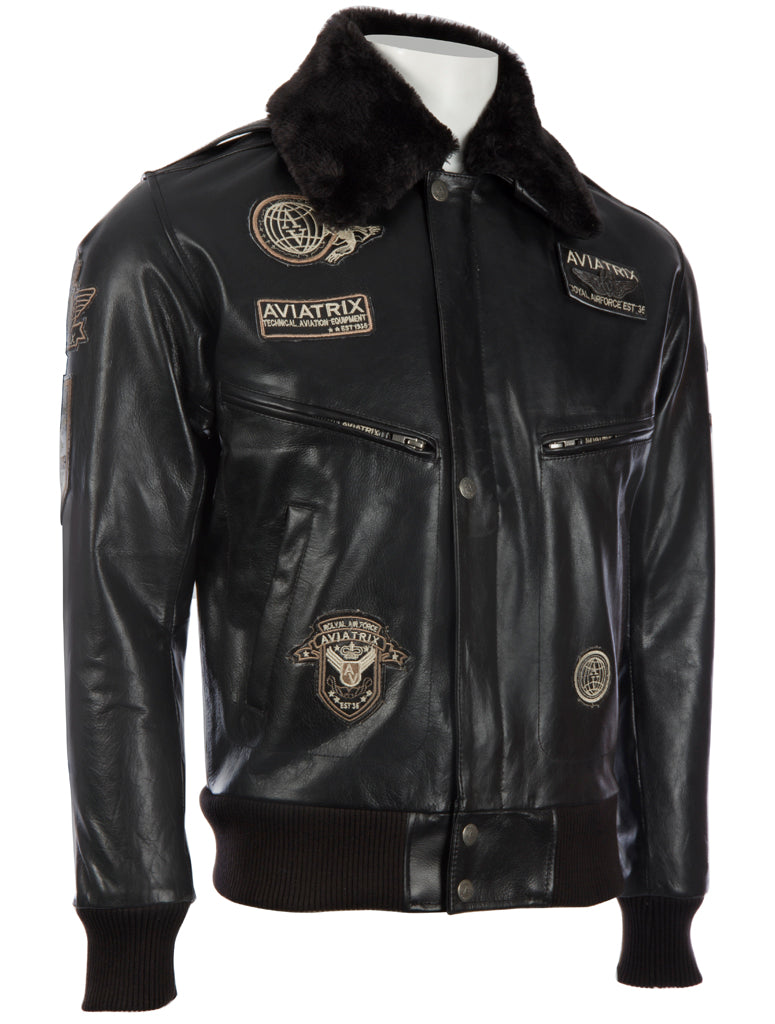 Black leather jacket with patches on a white background right view