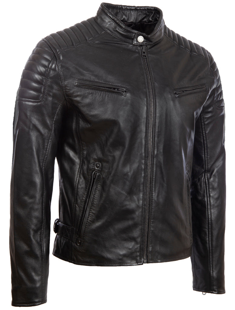 Men's Diamond Biker Leather Jacket - Black