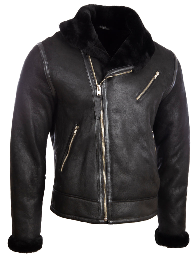 Men's Black Shearling Shawl Jacket - Sheepskin