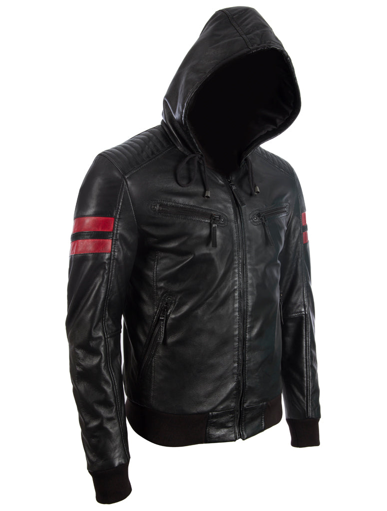 Men's Black Leather Bomber Jacket with Hood