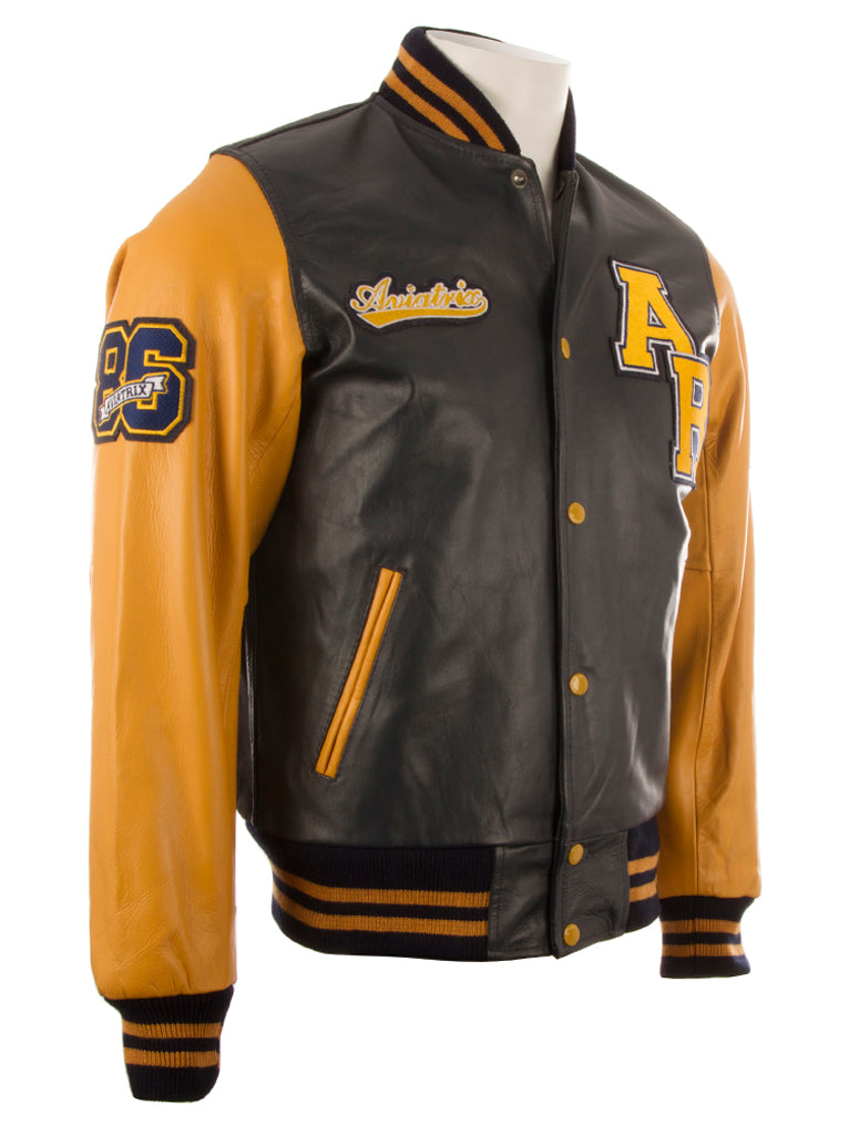 Black and orange varsity jacket with lettering on a white background