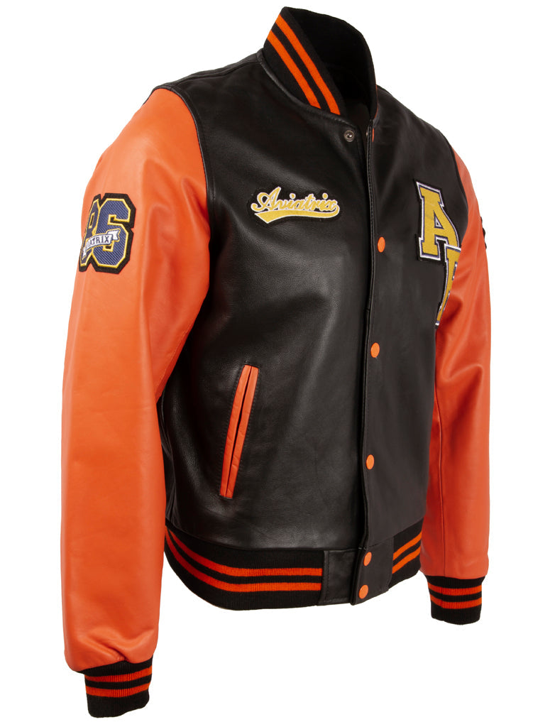 Black and orange varsity jacket with lettering on a white background