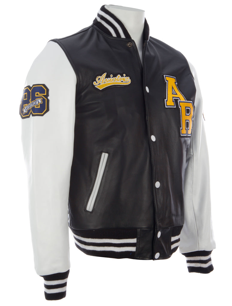 Men's Black & White Varsity Jacket - Cowhide Leather